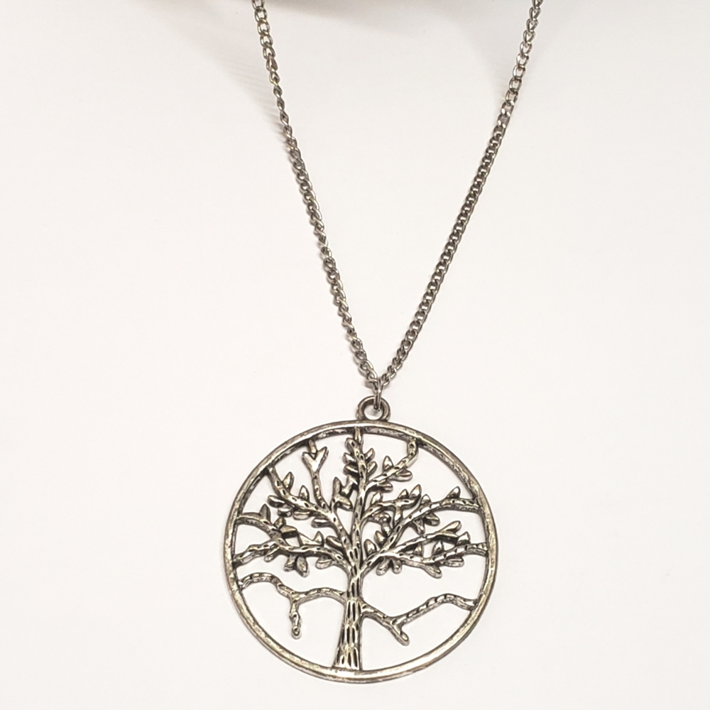 Unique Silvertone Large Tree of Life Pendant Necklace